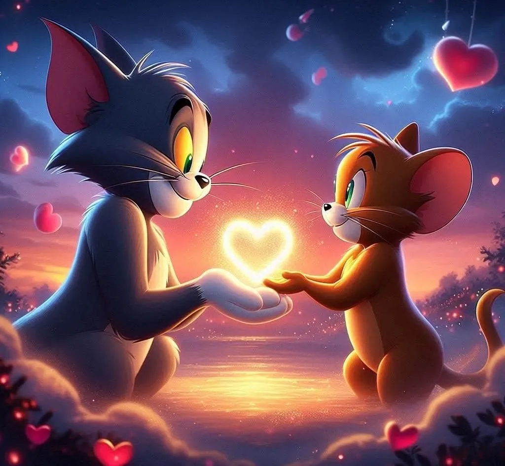 Sunset Scene with Tom and Jerry Holding Hands Peacefully