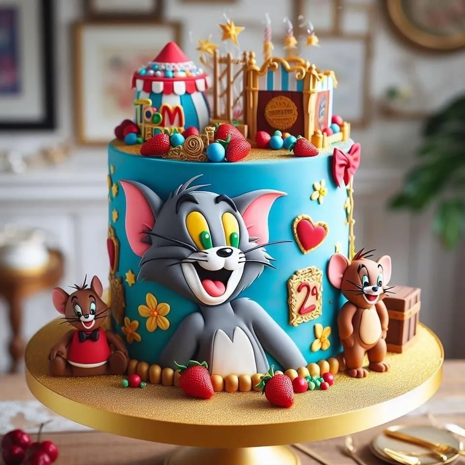 Tom and Jerry Celebrating with Giant Cartoon Cake wallpaper