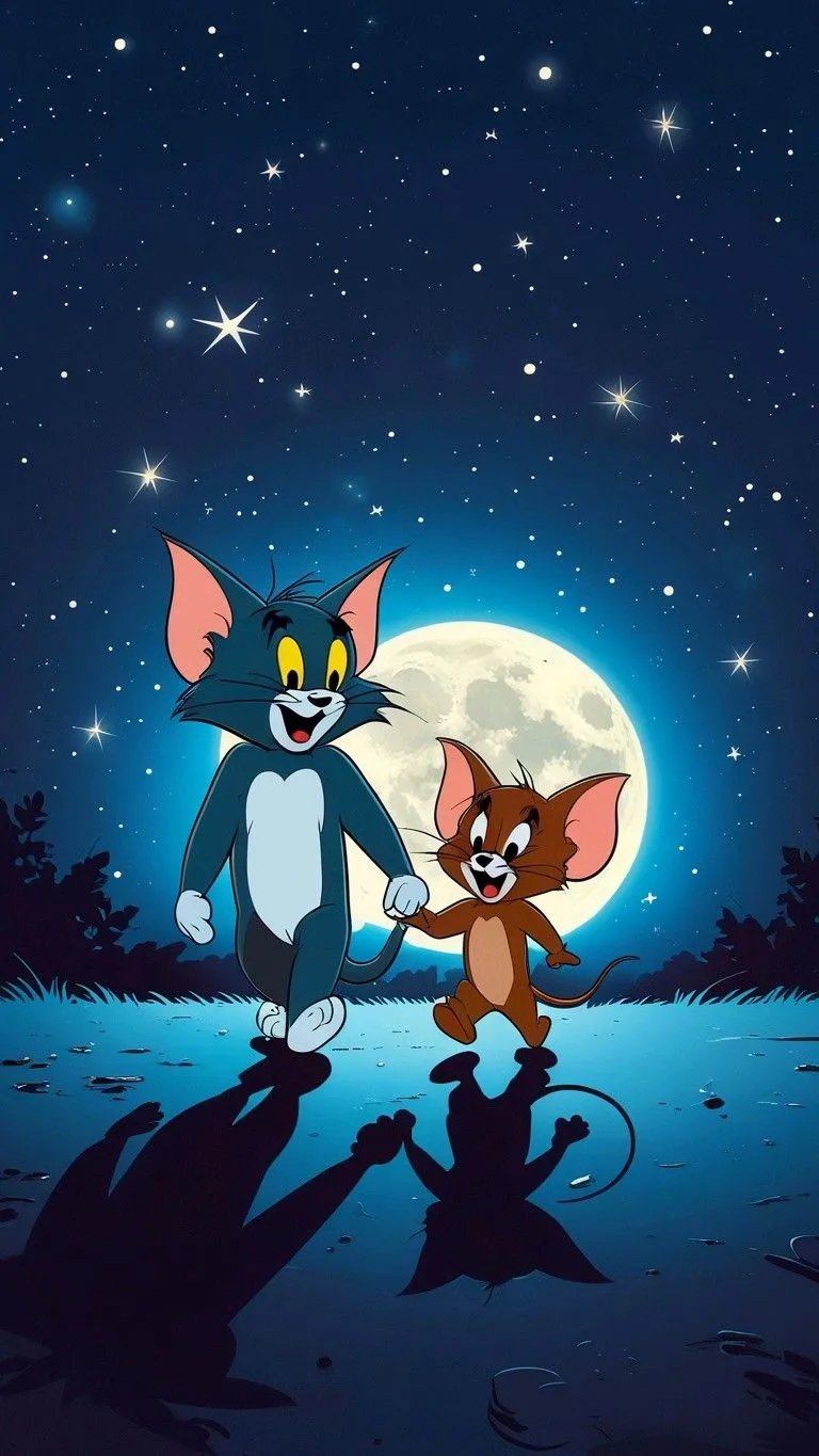 Tom and Jerry Dancing in Starry Night Under Full Moon
