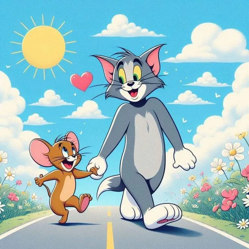 Tom and Jerry Enjoying a Sunny Day in a Flower Field