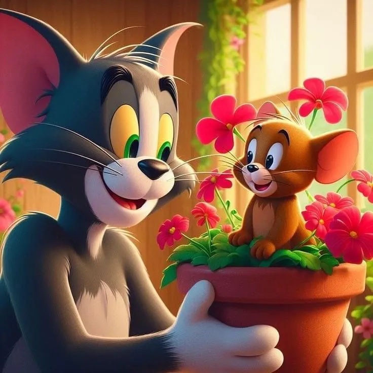 Tom and Jerry Enjoying Flowers in a Warm Indoor Scene