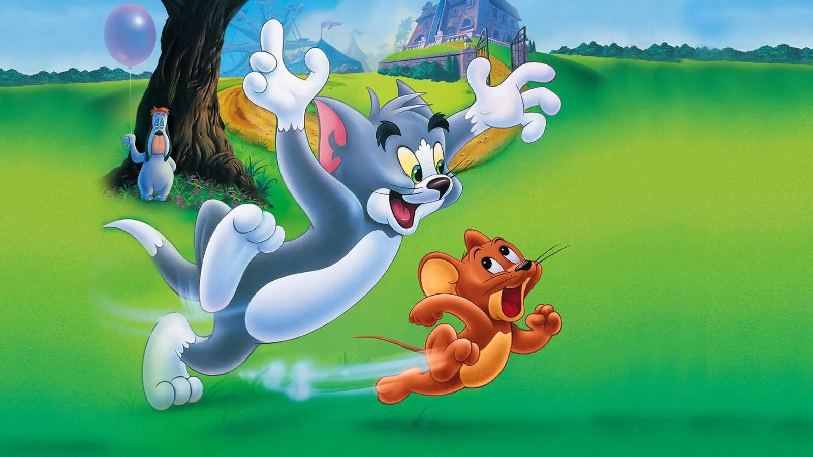 Tom and Jerry Flying on Rainbow Trail Over Green Grass