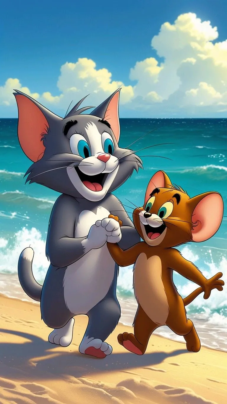 Tom and Jerry Holding Hands on a Sunny Beach wallpaper