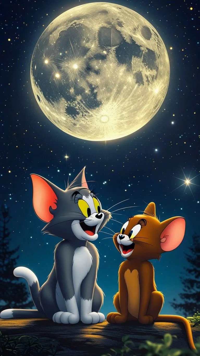 Tom and Jerry Howling at the Full Moon Together wallpaper
