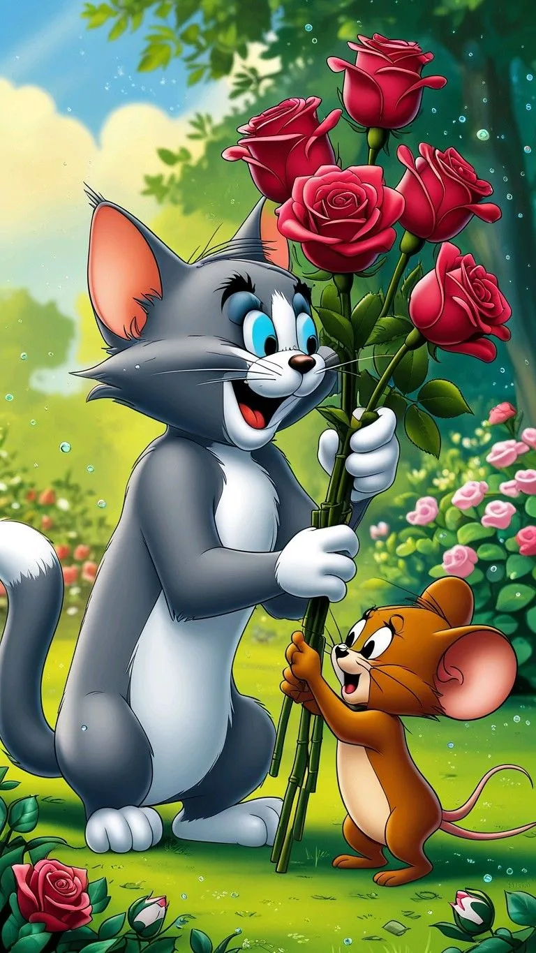 Tom and Jerry Playing in Garden Full of Colorful Flowers
