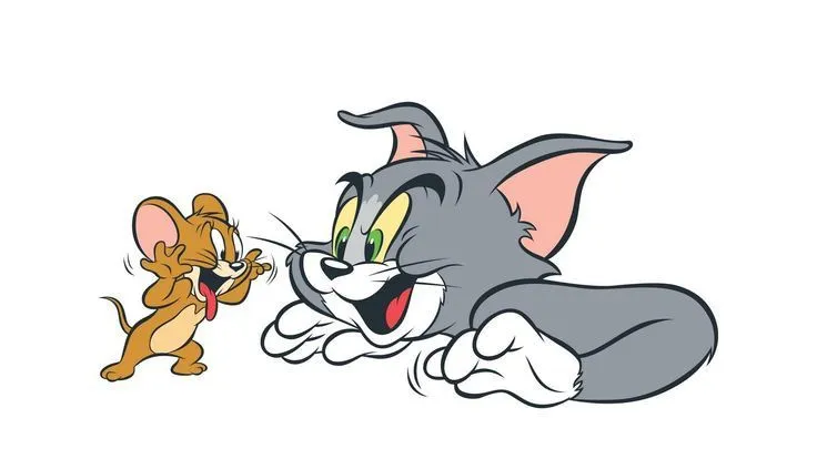 Tom and Jerry playing together on a white background