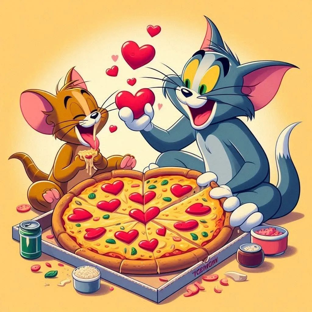 Tom and Jerry Preparing Giant Pizza Together in Kitchen