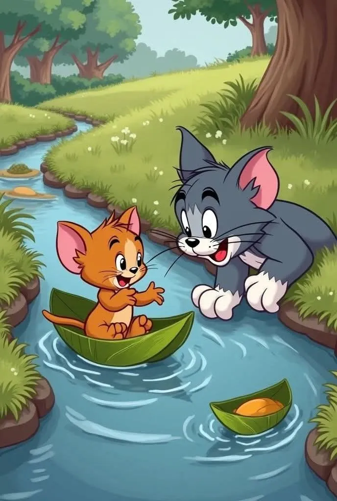 Tom and Jerry Relaxing by the River in a Nature Scene