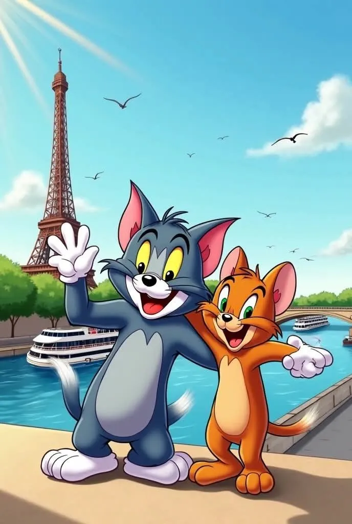 Tom and Jerry Relaxing Outdoors with Buildings in Background