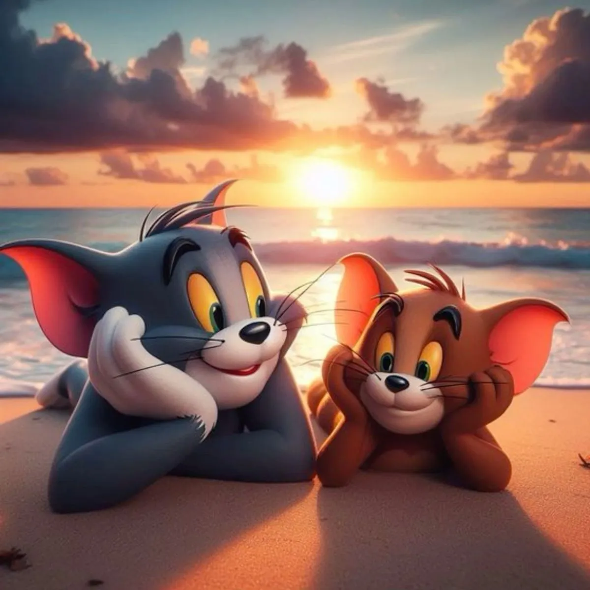 Tom and Jerry Relaxing Together at Sunset Beach wallpaper