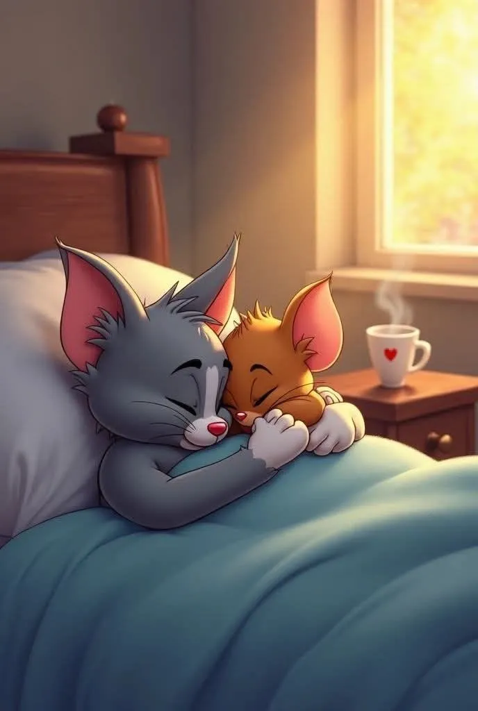 Tom and Jerry Resting Peacefully on a Bed Together