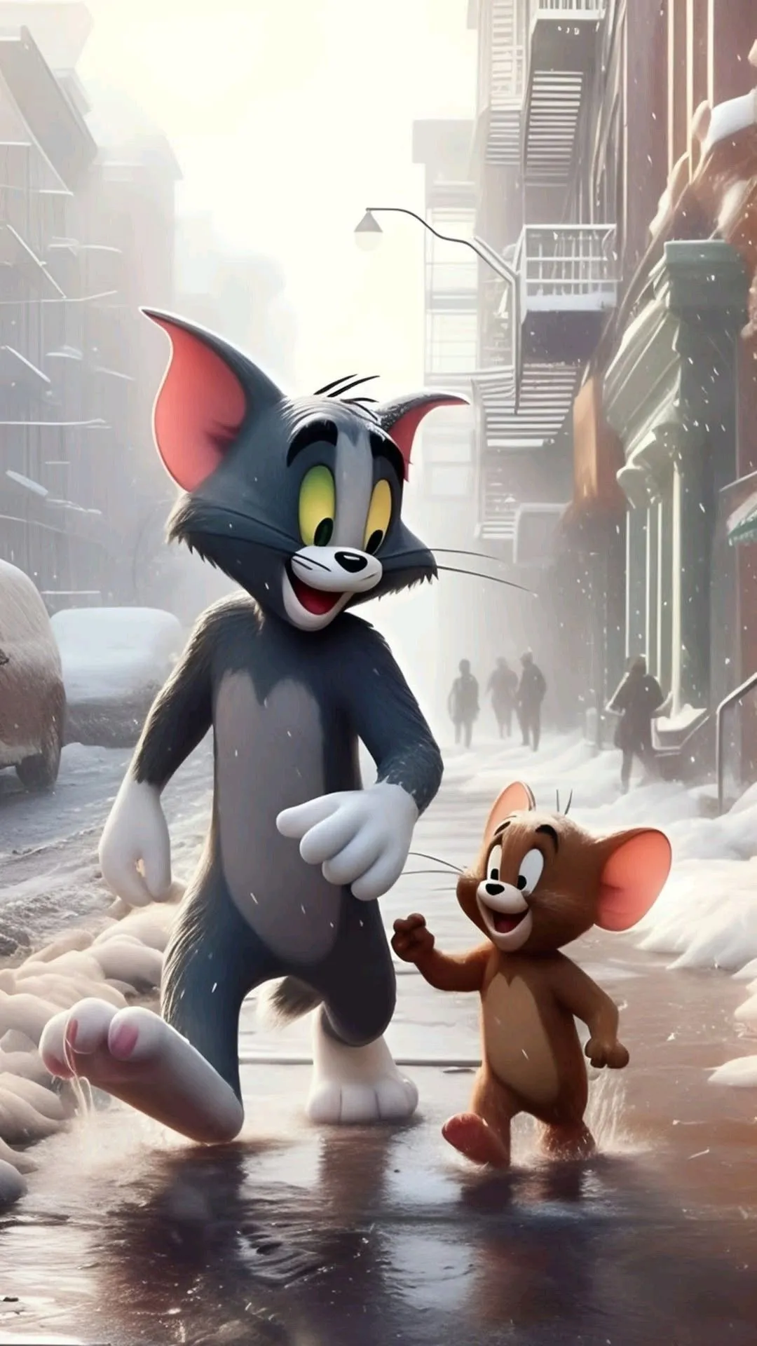 Tom and Jerry Running in Alleyway on a Cloudy Cartoon Day