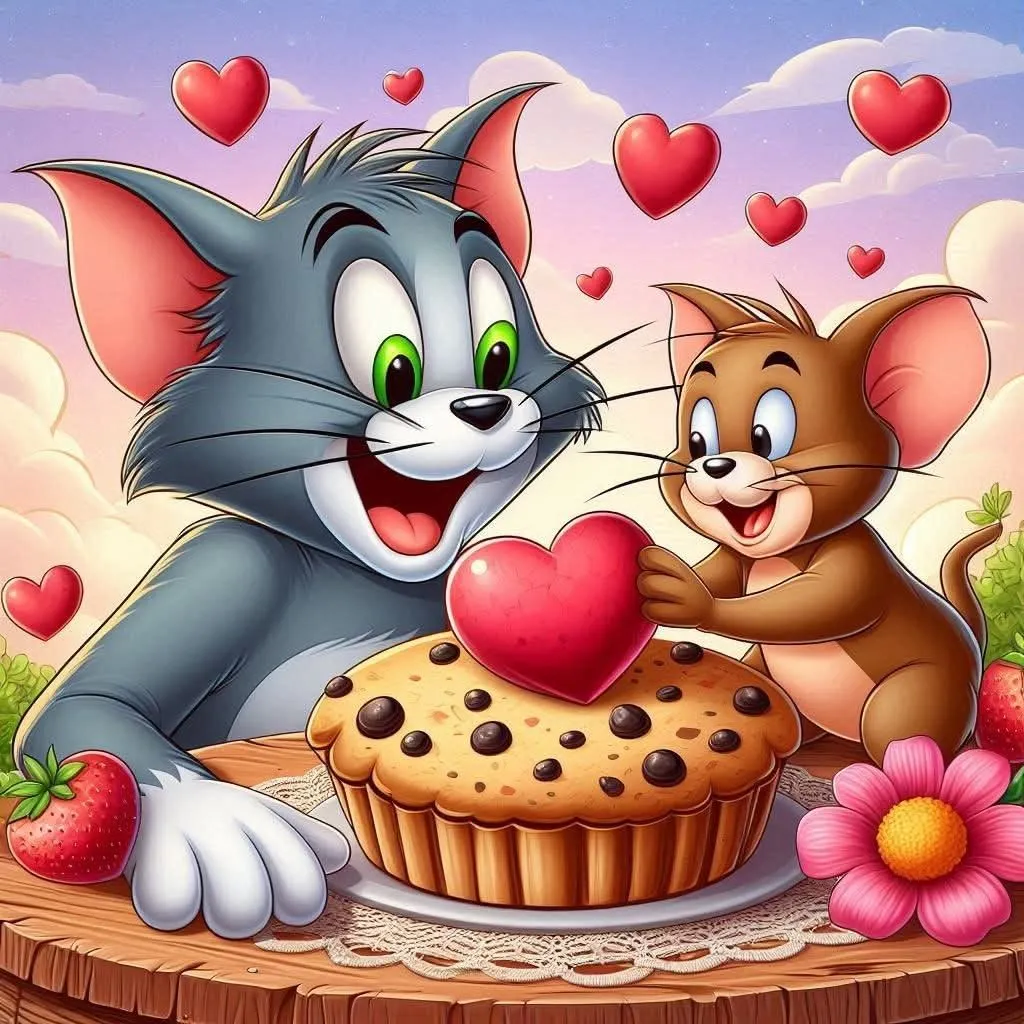 Tom and Jerry Sharing a Heart Shaped Donut with Love