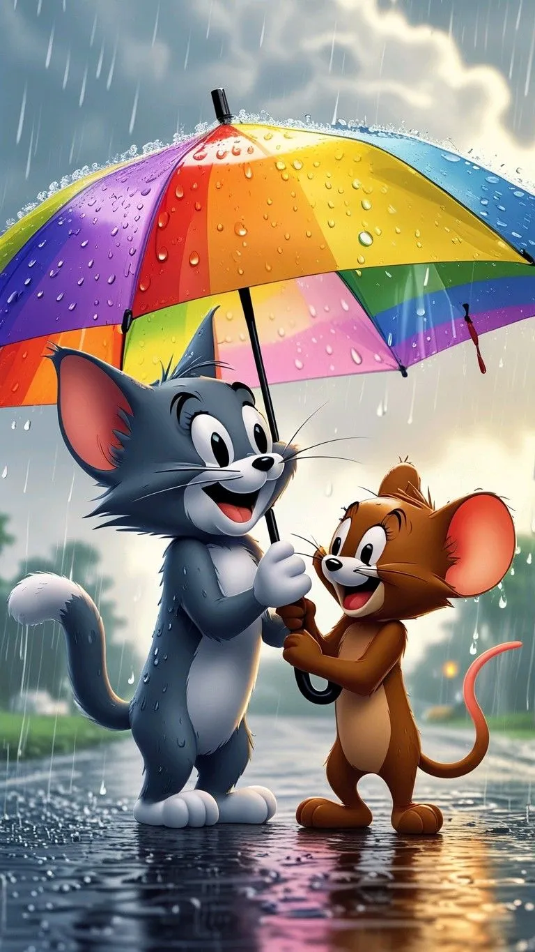 Tom and Jerry Sharing an Umbrella in the Rain wallpaper