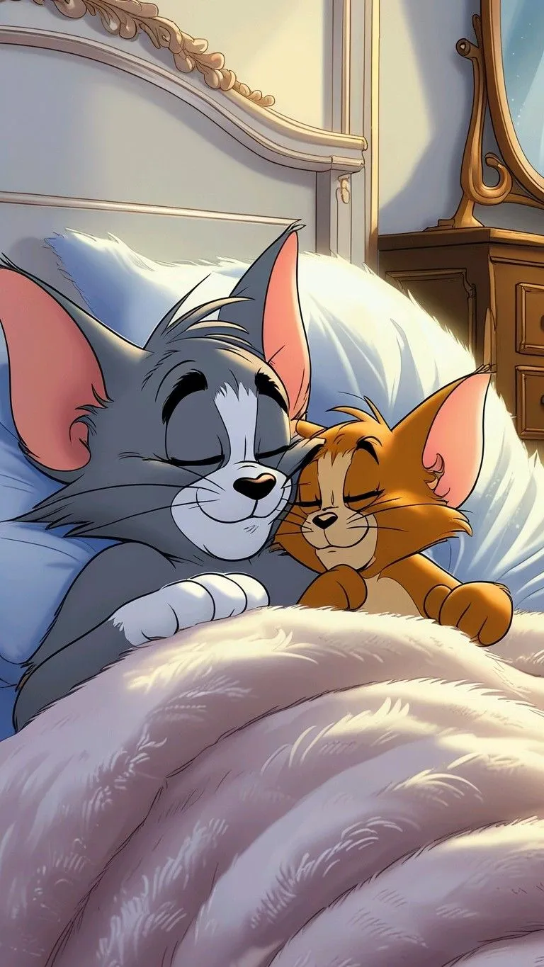 Tom and Jerry Sleeping Peacefully in a Cozy Bed wallpaper