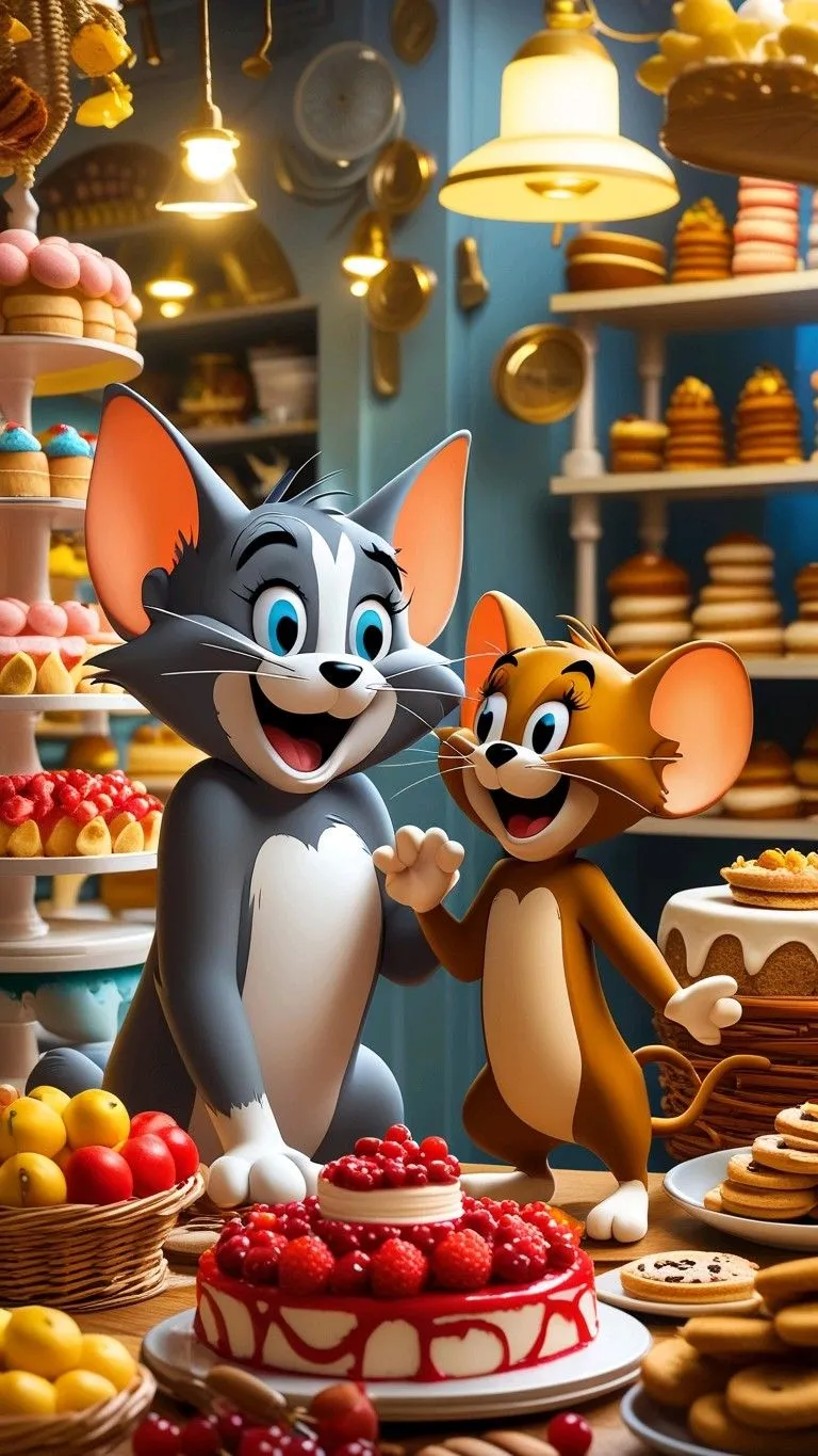 Tom and Jerry Smiling in a Bakery Full of Colorful Treats