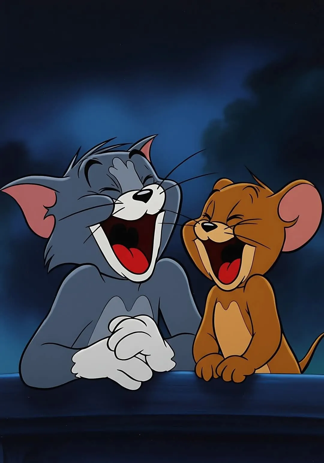 Tom and Jerry Smiling Together with Dark Blue Background