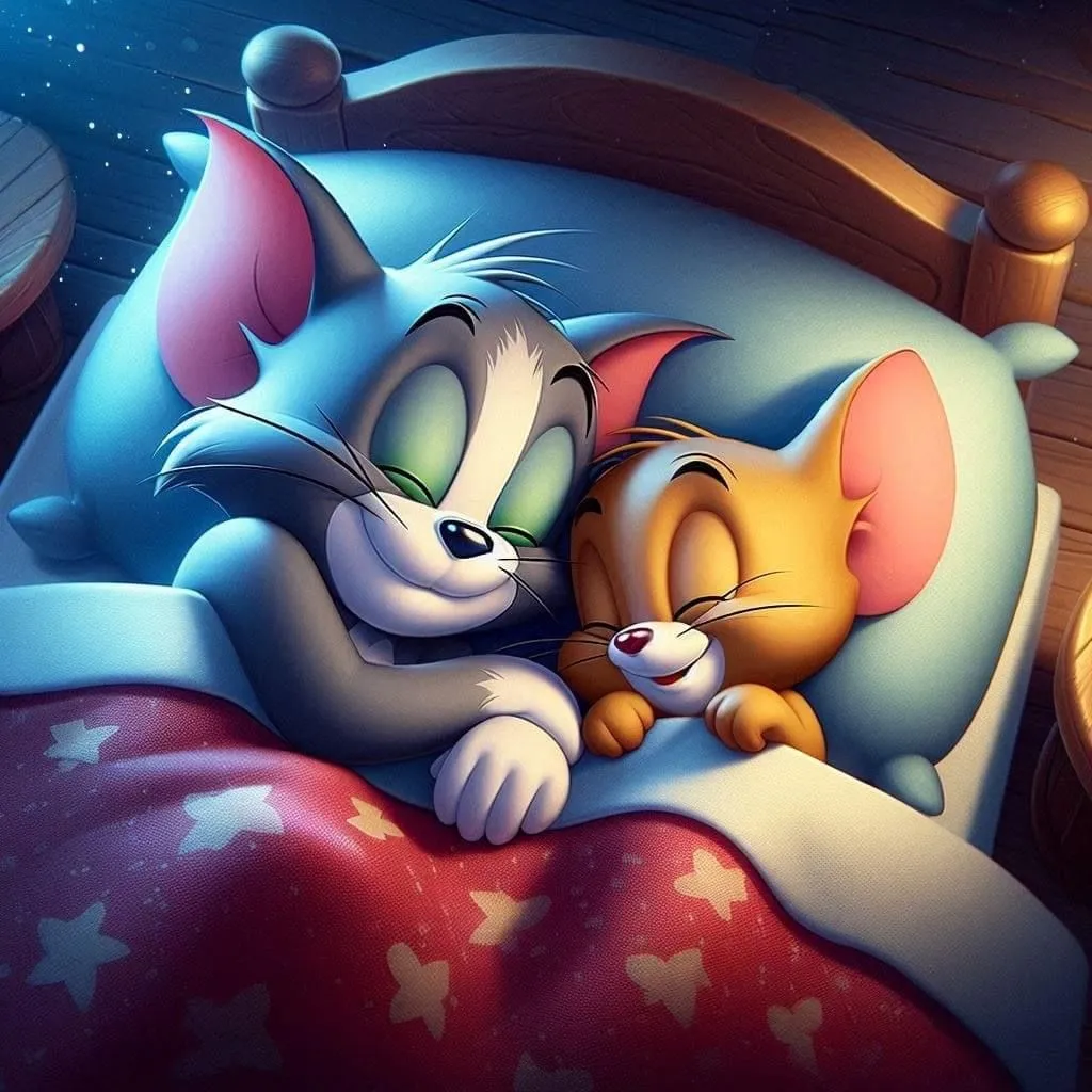 Tom and Jerry Snuggling Warmly in a Bed HD wallpaper