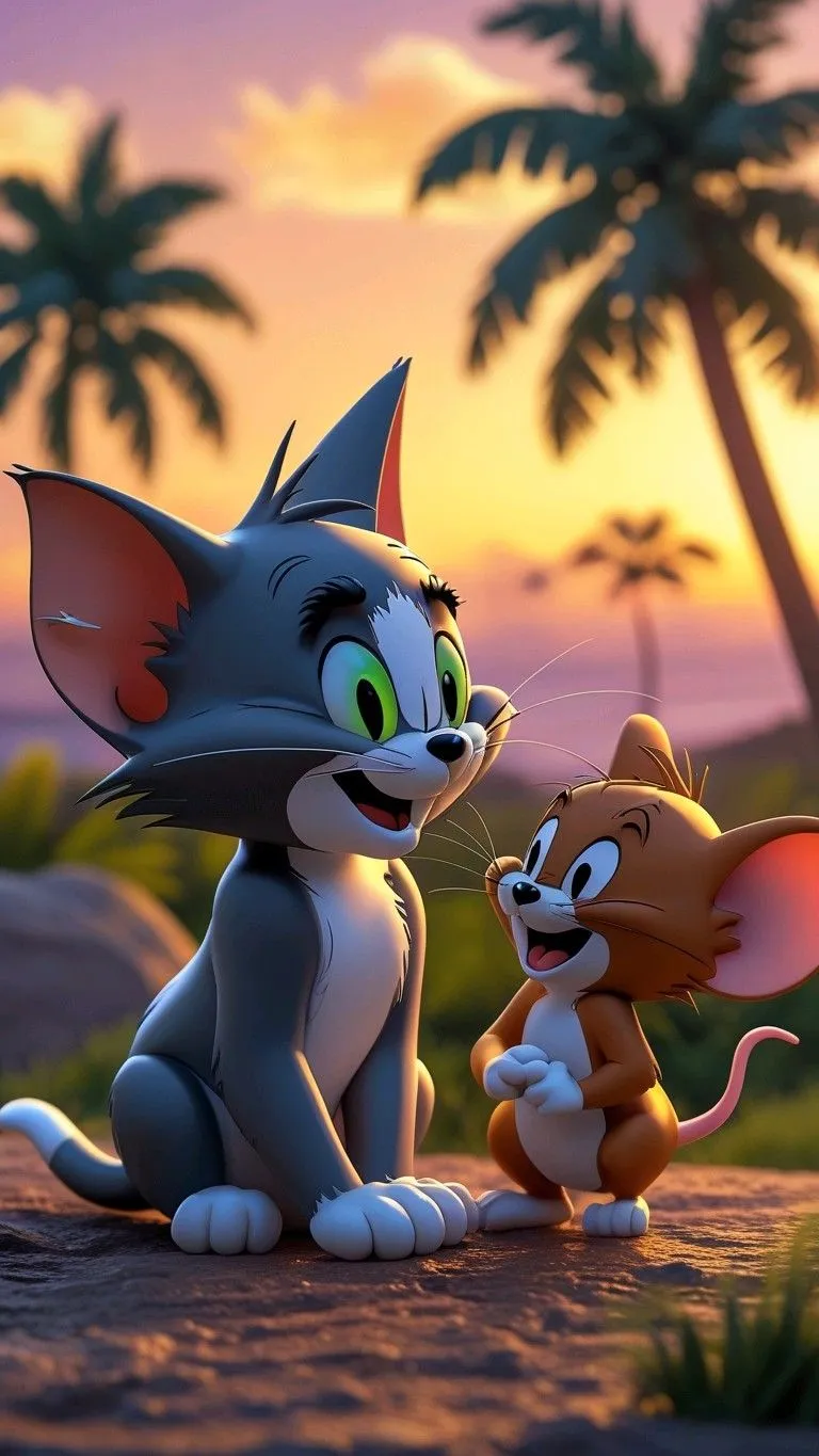Tom and Jerry Standing with Sunset Background and Trees