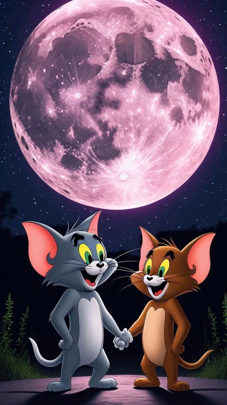 Tom and Jerry Staring at the Purple Full Moon wallpaper