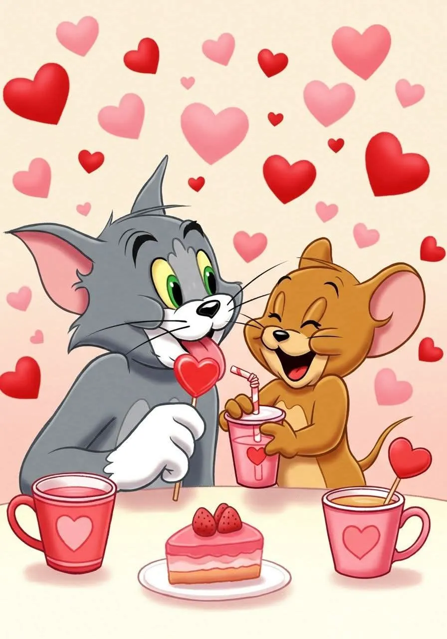 Tom and Jerry Surrounded by Red Hearts in Romantic Theme