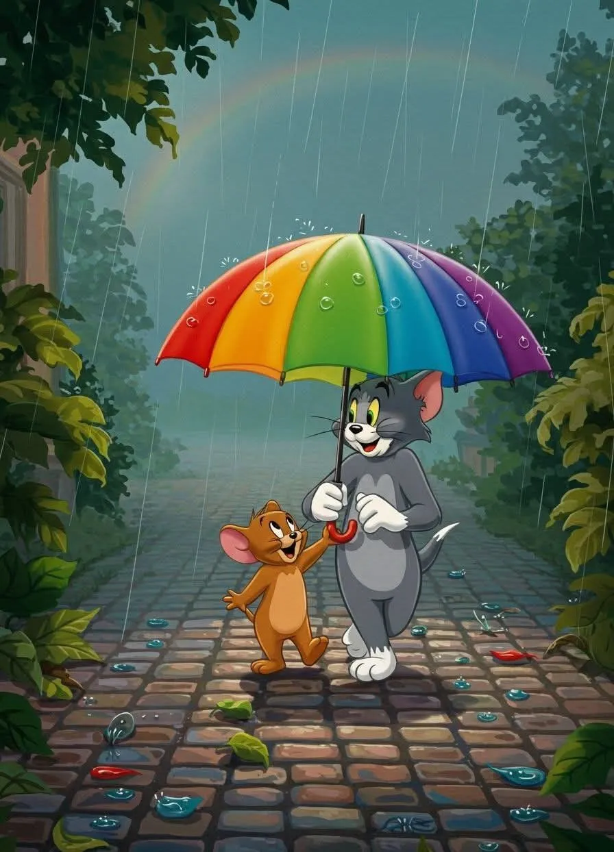 Tom and Jerry Under a Colorful Umbrella in the Forest