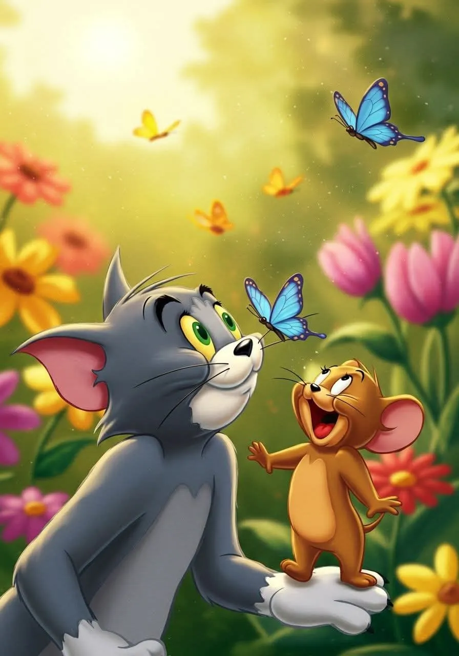Tom and Jerry Walking Happily in a Bright Outdoor Garden