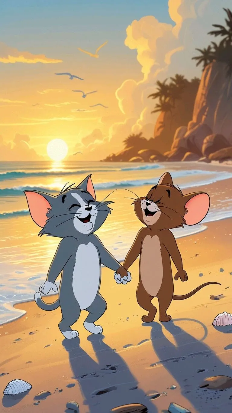 Tom and Jerry Walking on Beachside at Sunset Together