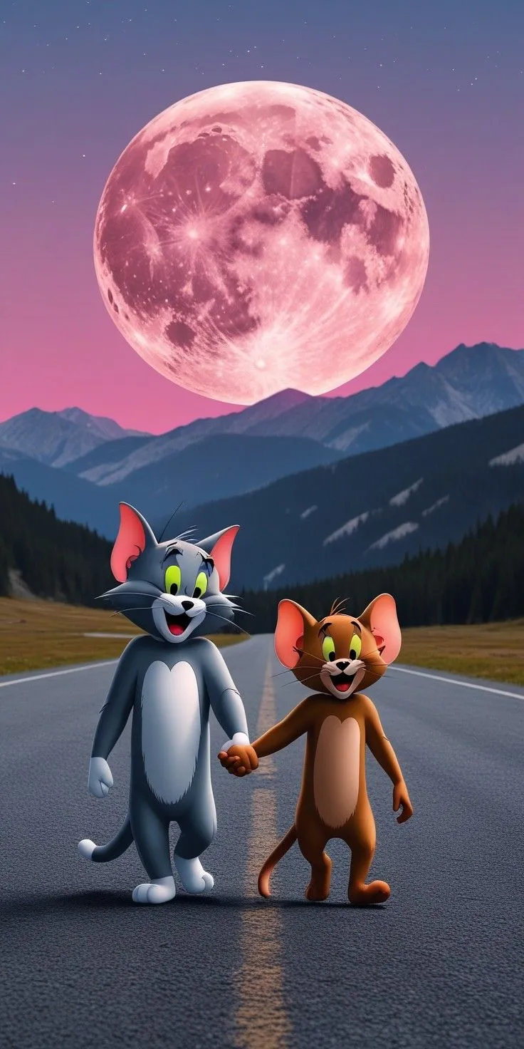 Tom and Jerry Watching a Pink Moon Over a Quiet Landscape