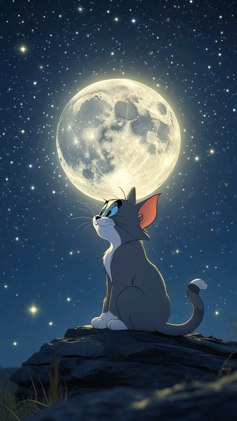 Tom and Jerry Watching Full Moon in Calm and Peaceful Night