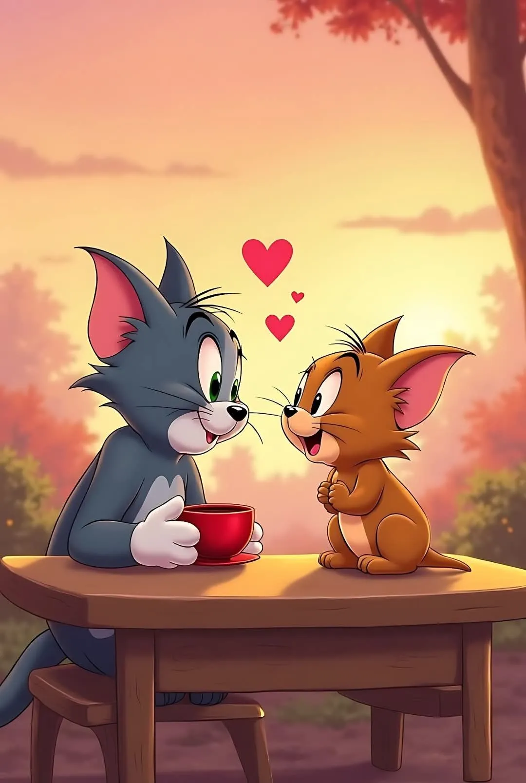 Tom and Jerry Watching Rain Together at Sunset wallpaper