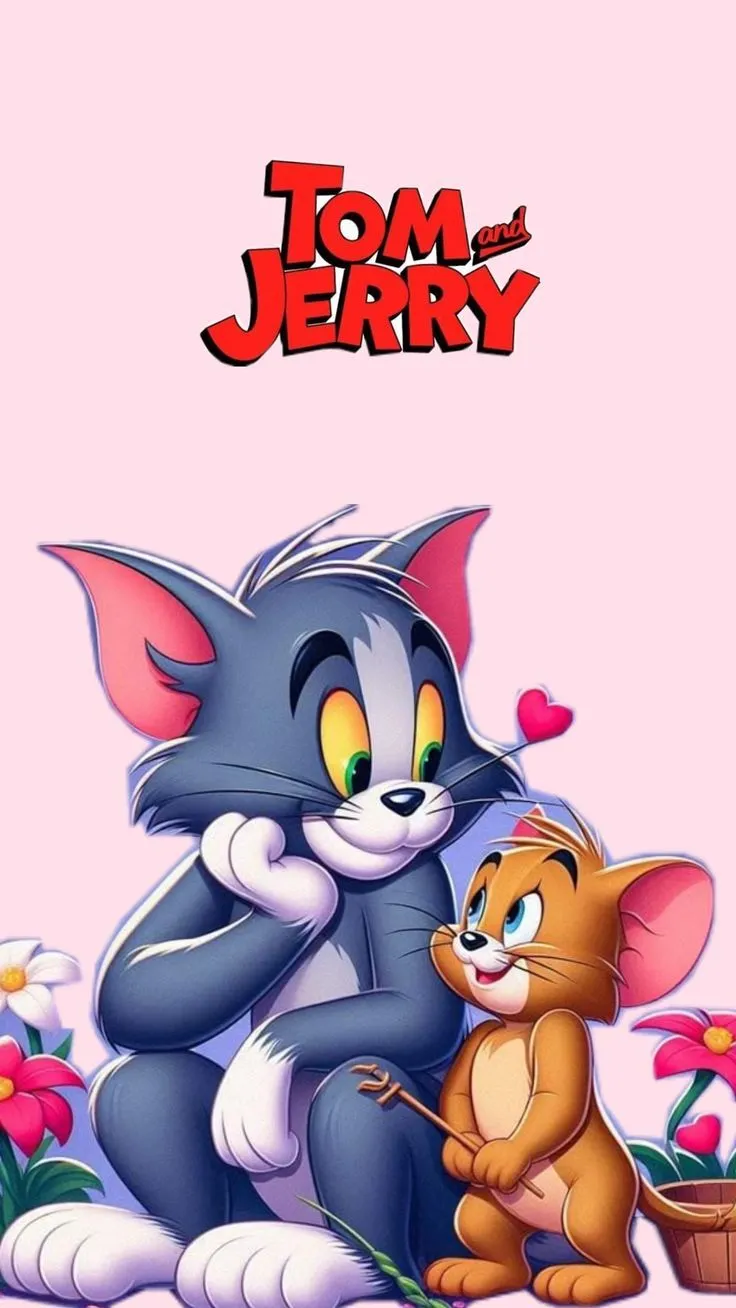 Tom and Jerry with Logo in Pink Background Cartoon Style