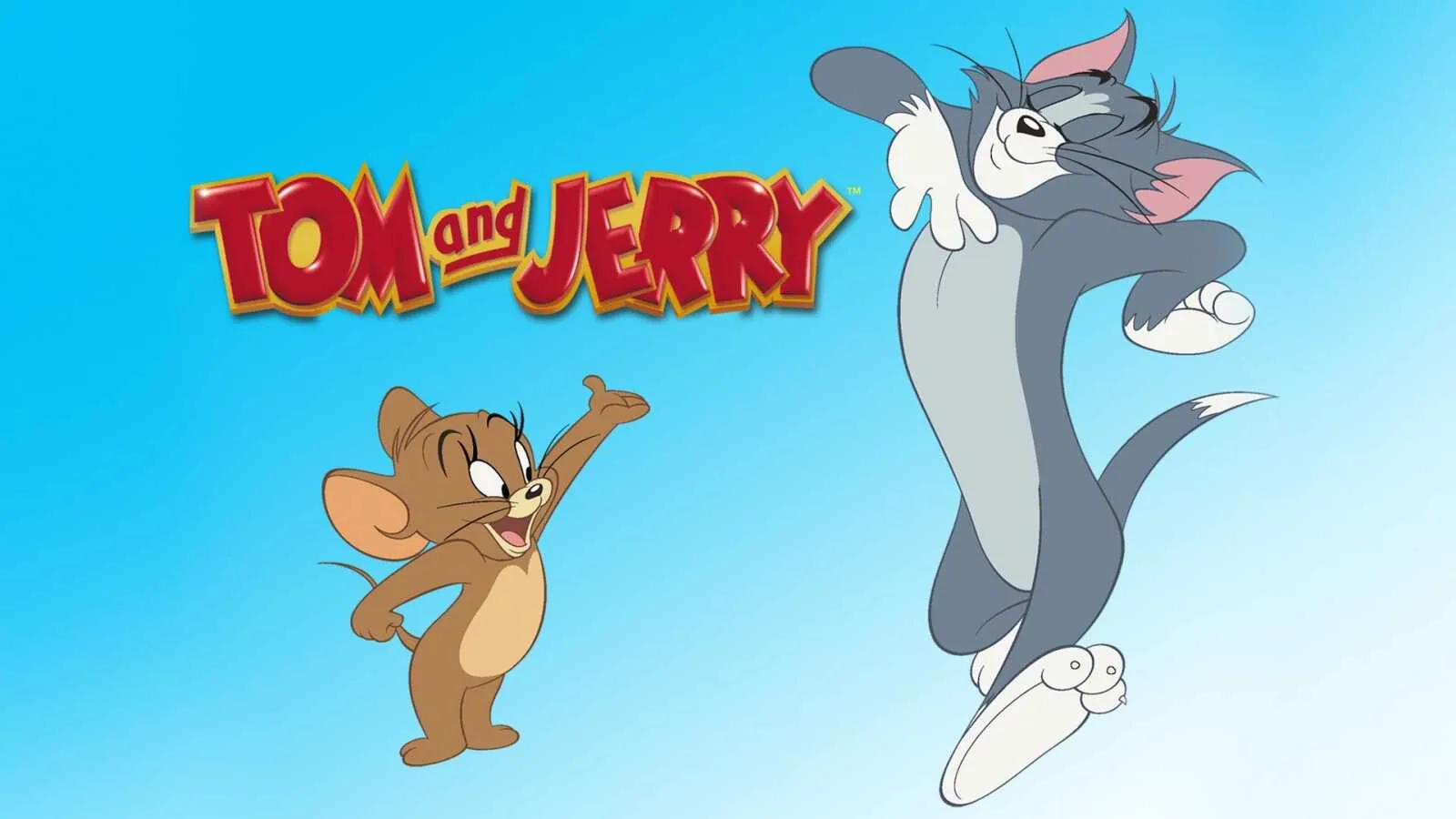Tom balancing with Jerry on his tail on blue background