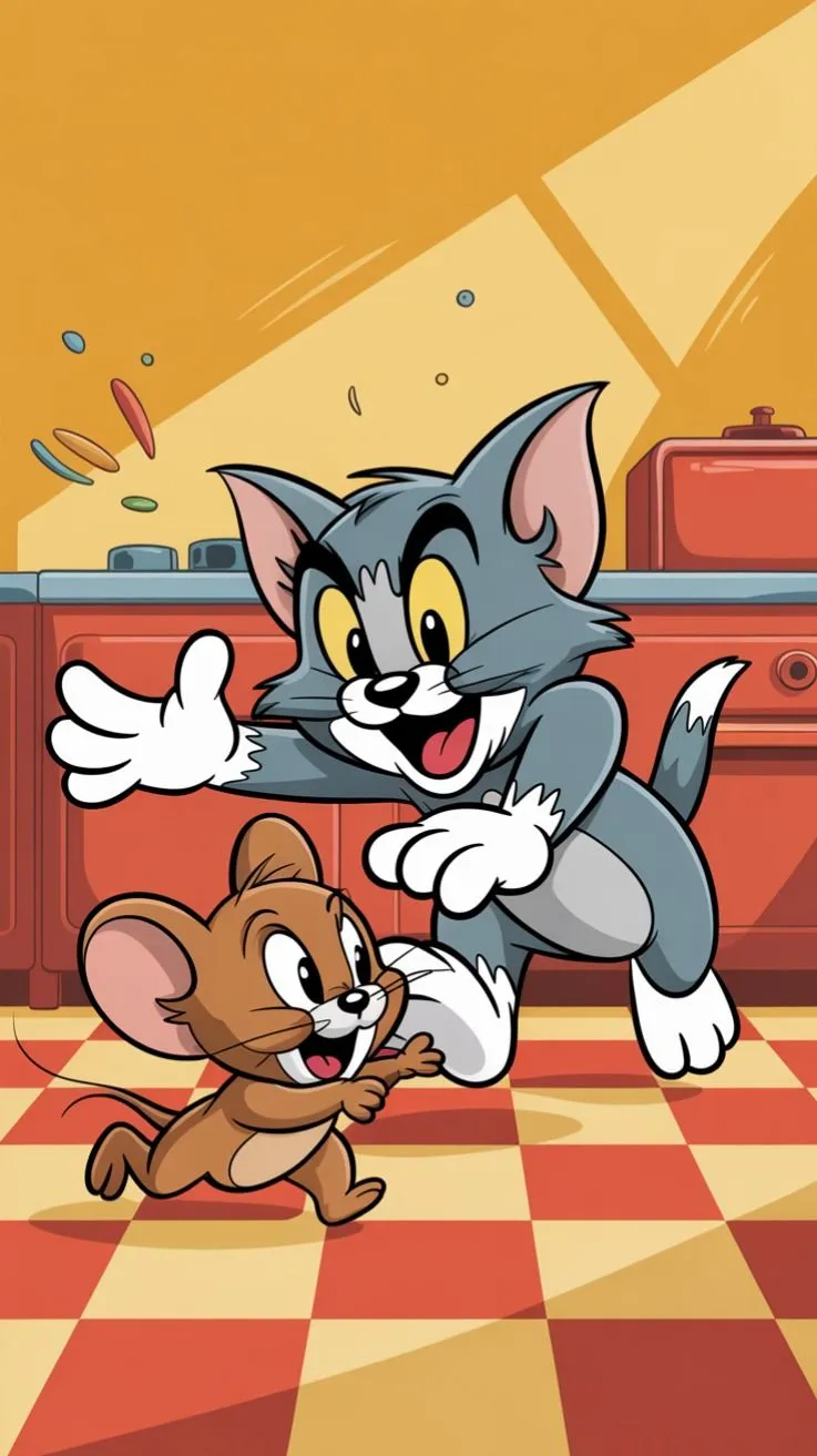 Tom Chasing Jerry Across the Floor in Cartoon Home