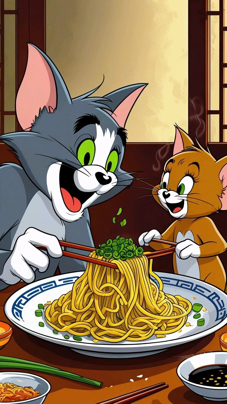 Tom Enjoying Pasta While Jerry Watches in Surprise Mode