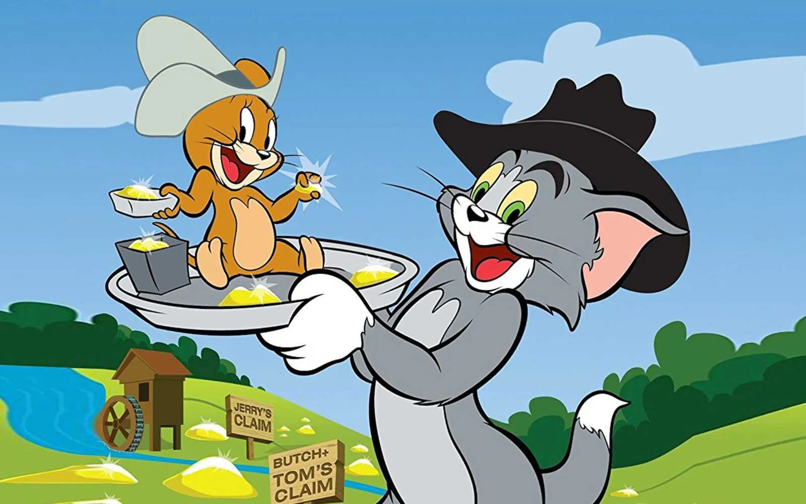 Tom Flying as Jerry Rides Above in Bright Blue Sky