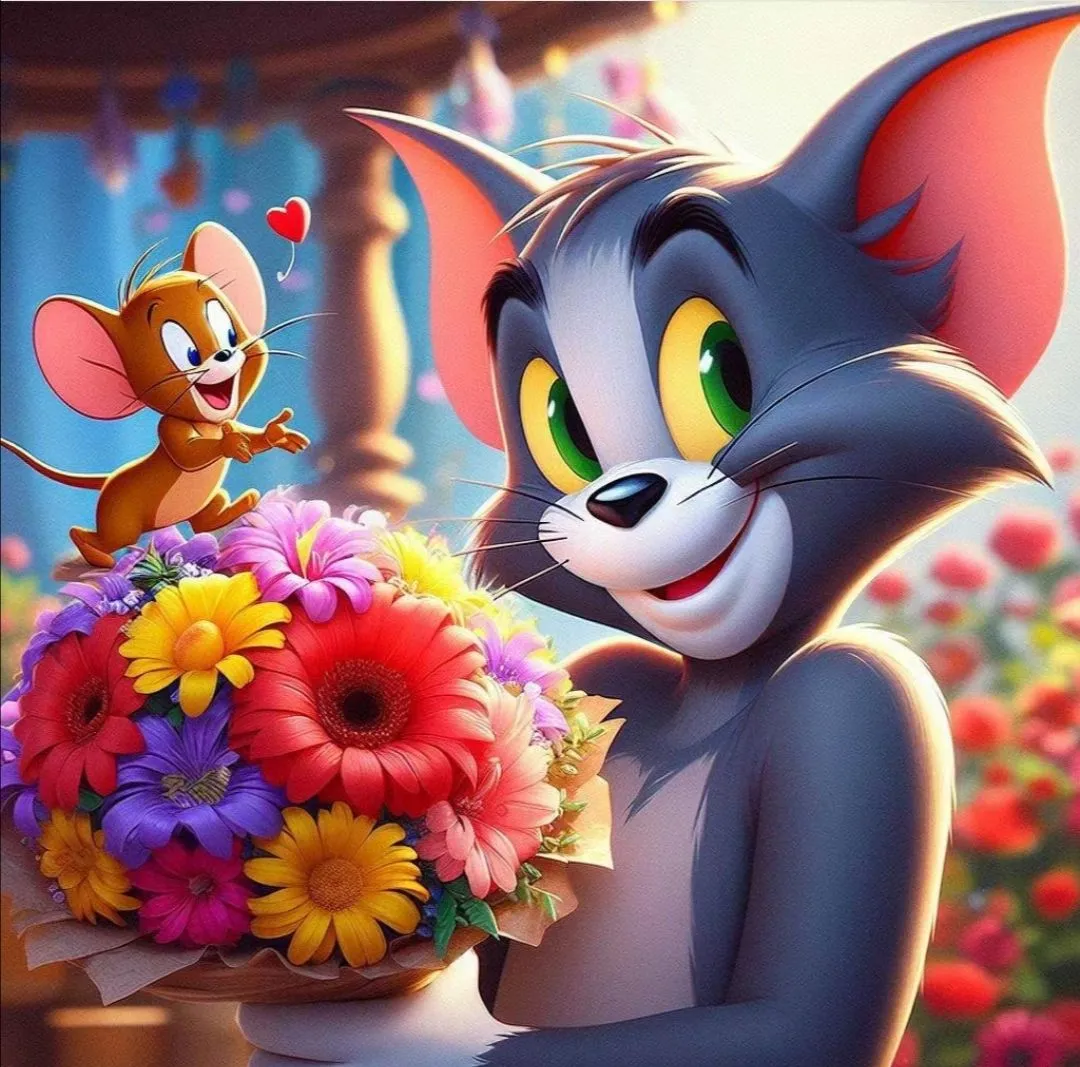 Tom Giving Flowers While Jerry Smiles in Sweet Moment