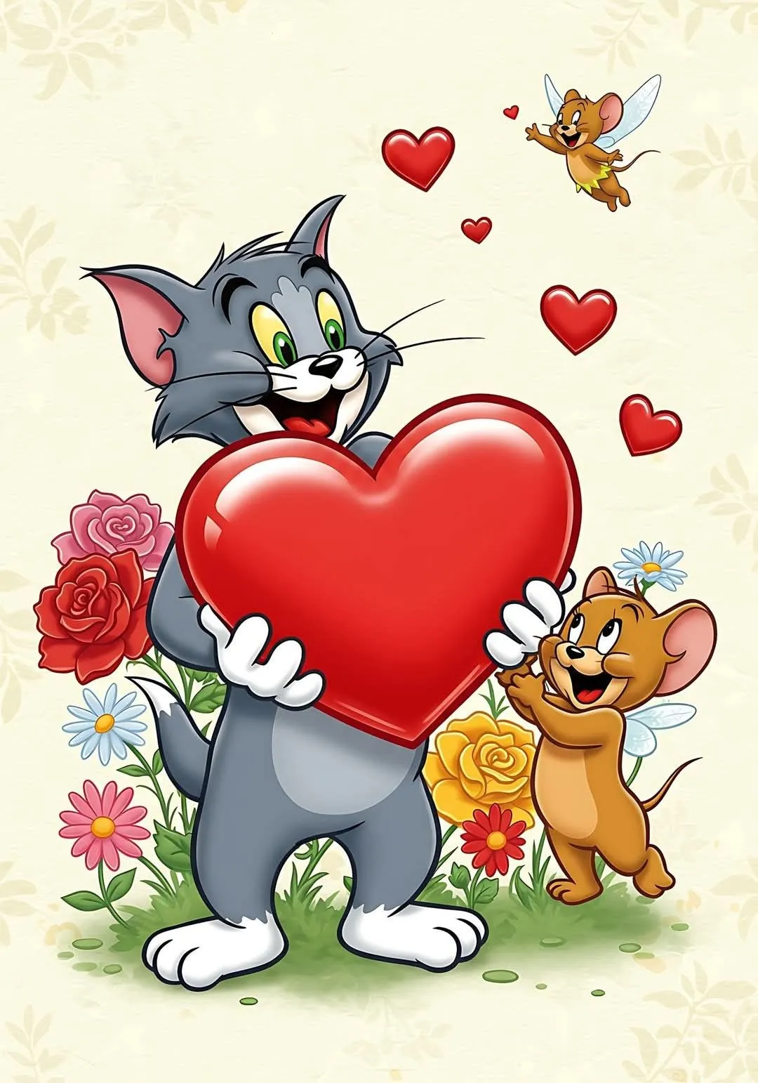 Tom Holding a Heart Balloon and Jerry with Flowers