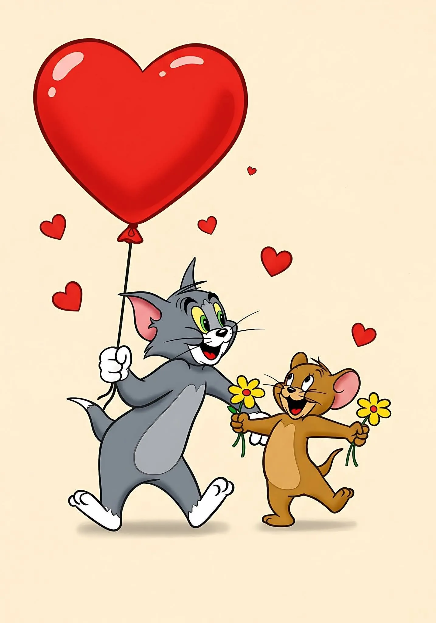 Tom Holding Balloon as Jerry Watches in Cute Cartoon Style