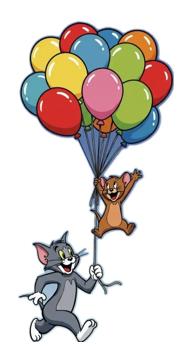 Tom holding balloons while Jerry floats up beside him