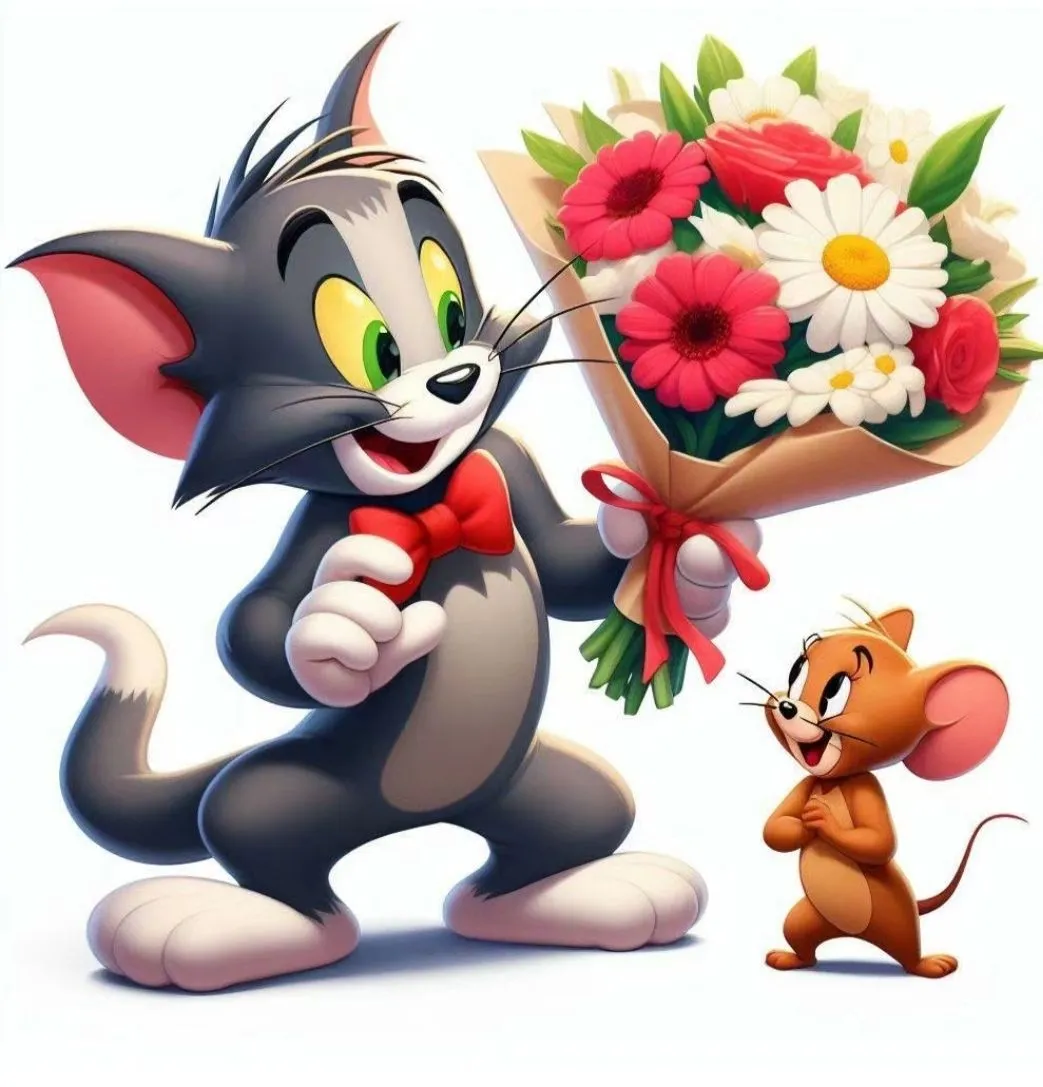 Tom Holding Flowers and Jerry Smiling in Sweet Pose