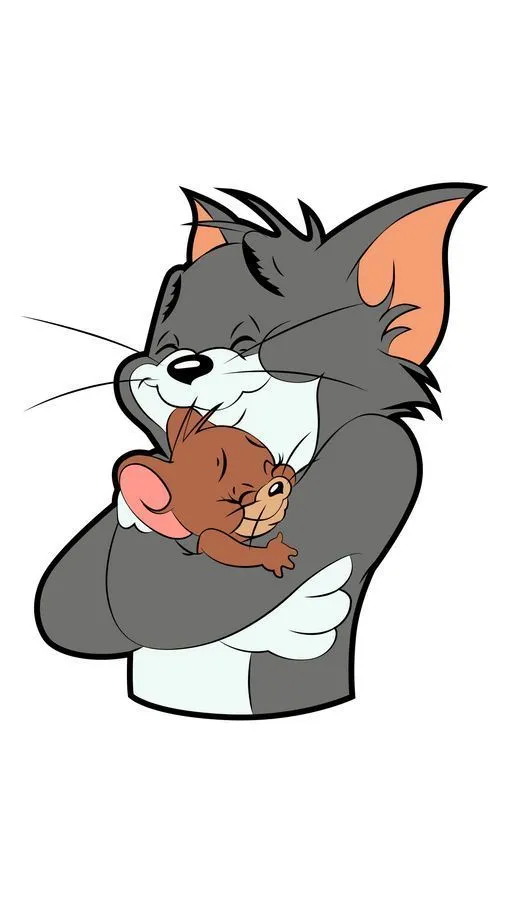 Tom holding Jerry affectionately on white background
