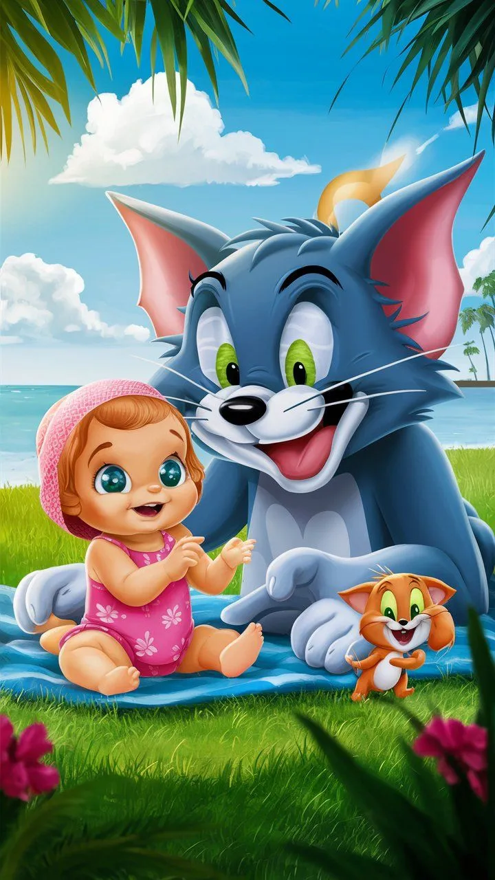 Tom Holding Jerry and a Baby in a Cartoon Scene wallpaper