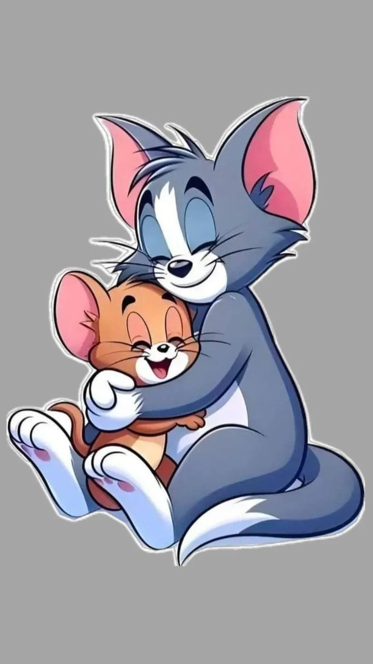 Tom Holding Jerry in Arms with Gray Background Cartoon