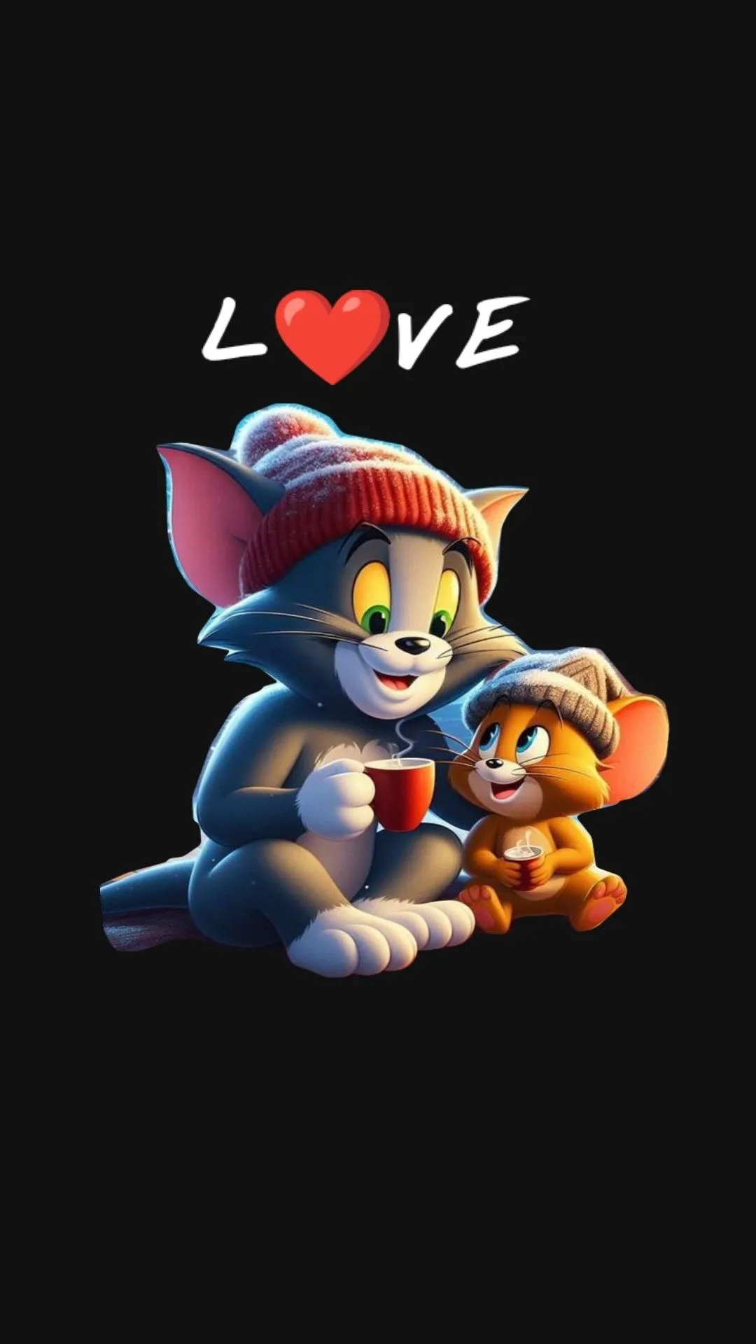 Tom Holding Jerry with Love on a Black Background Cartoon