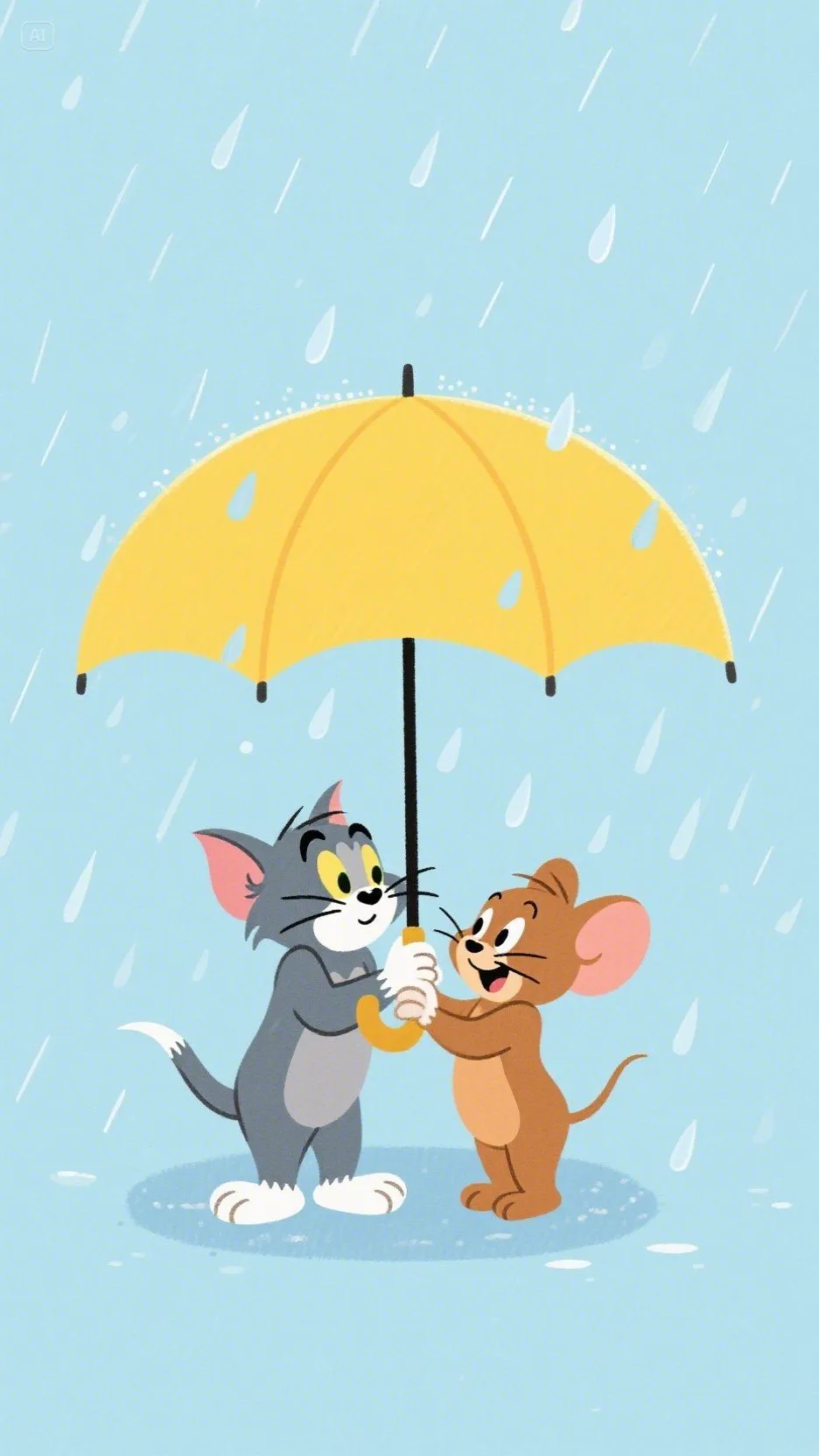 Tom Holding Umbrella as Jerry Smiles in Rainy Scene