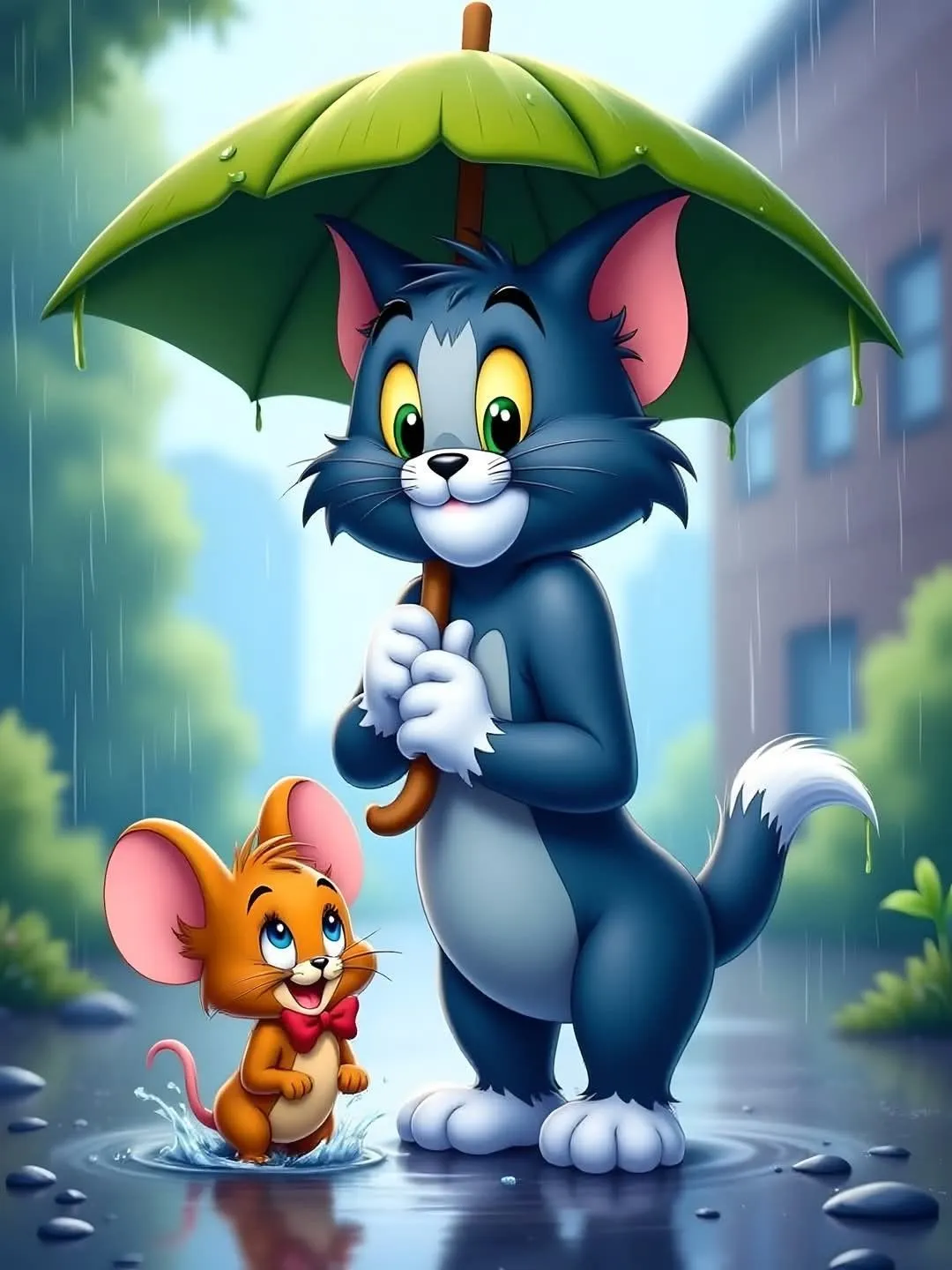 Tom Holding Umbrella While Jerry Balances on Top wallpaper