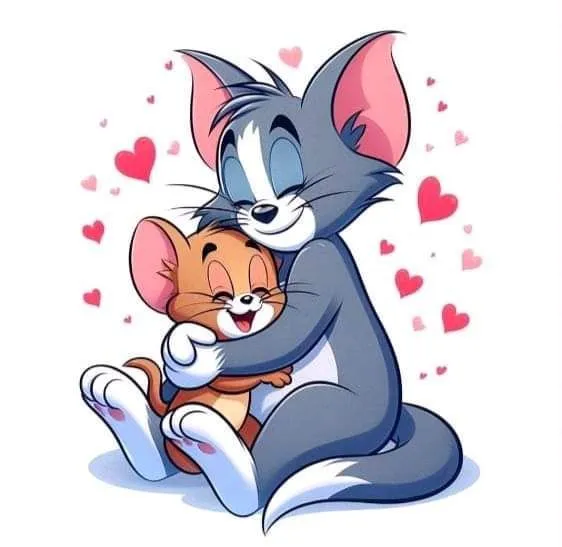 Tom hugging Jerry surrounded by hearts free wallpaper