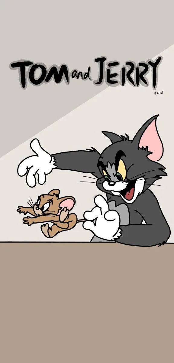 Tom peeking from poster with hand pointing to Jerry