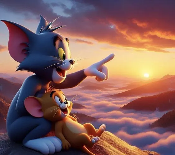 Tom pointing towards the sunset with Jerry wallpaper